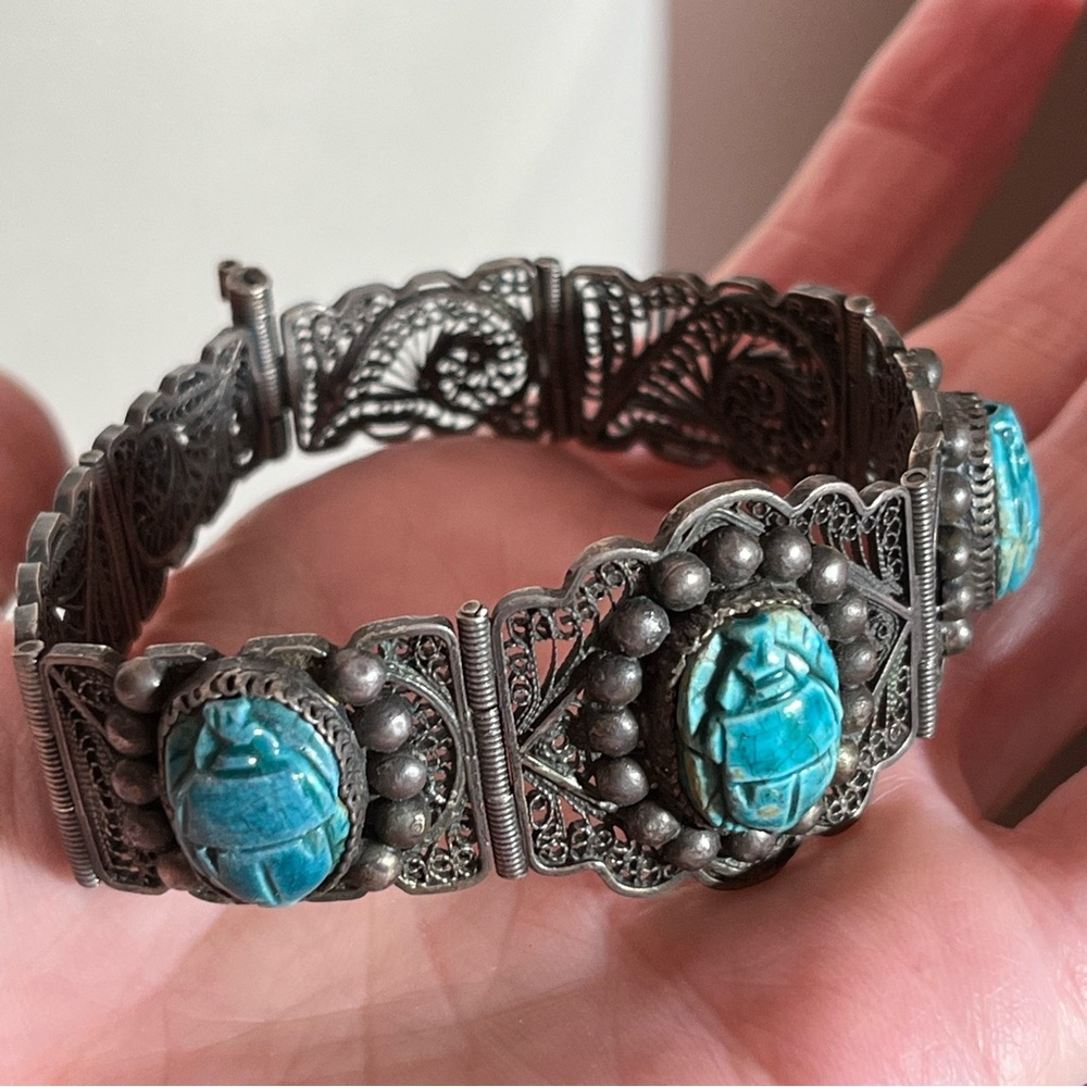 Antique Art Deco Sterling Silver Egyptian turquoise Scarab Beetle wide Bracelet - Picture 11 of 17